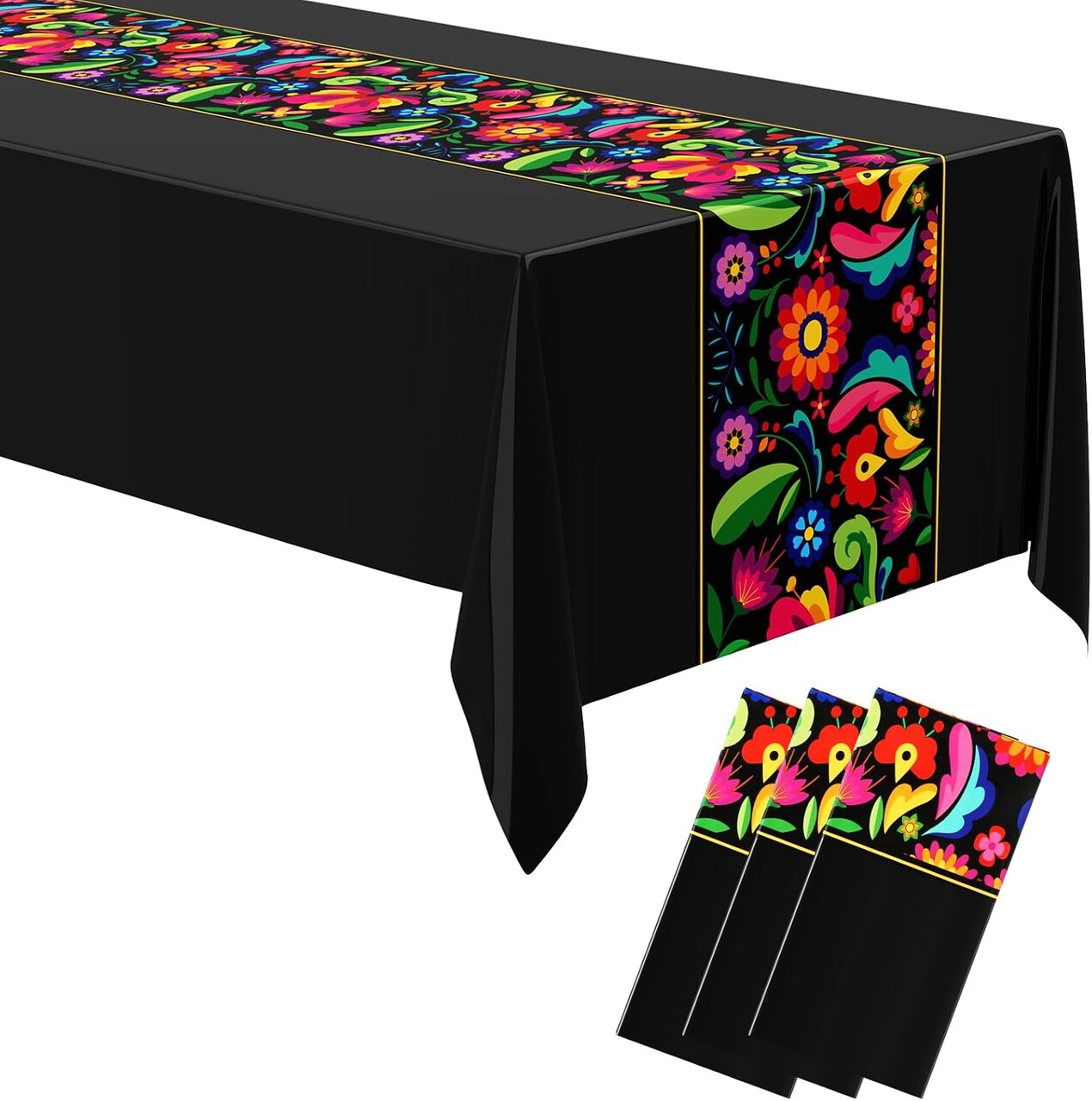 3-Pack Fiesta Tablecloth 108x54in – Black Mexican Disposable Waterproof Table Cover